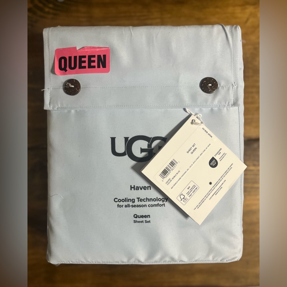 UGG HAVEN Queen NOBLE BLUE Sheet Set All Season Cooling Tech Wicking NEW